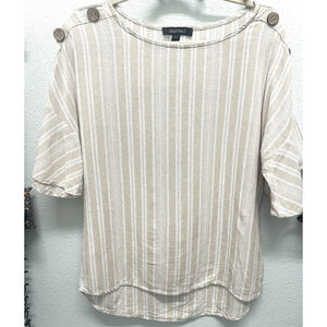 Ellen Tracy Top Blouse Sz S Linen Beachy Beige/ White Large Wooden Button Beachy